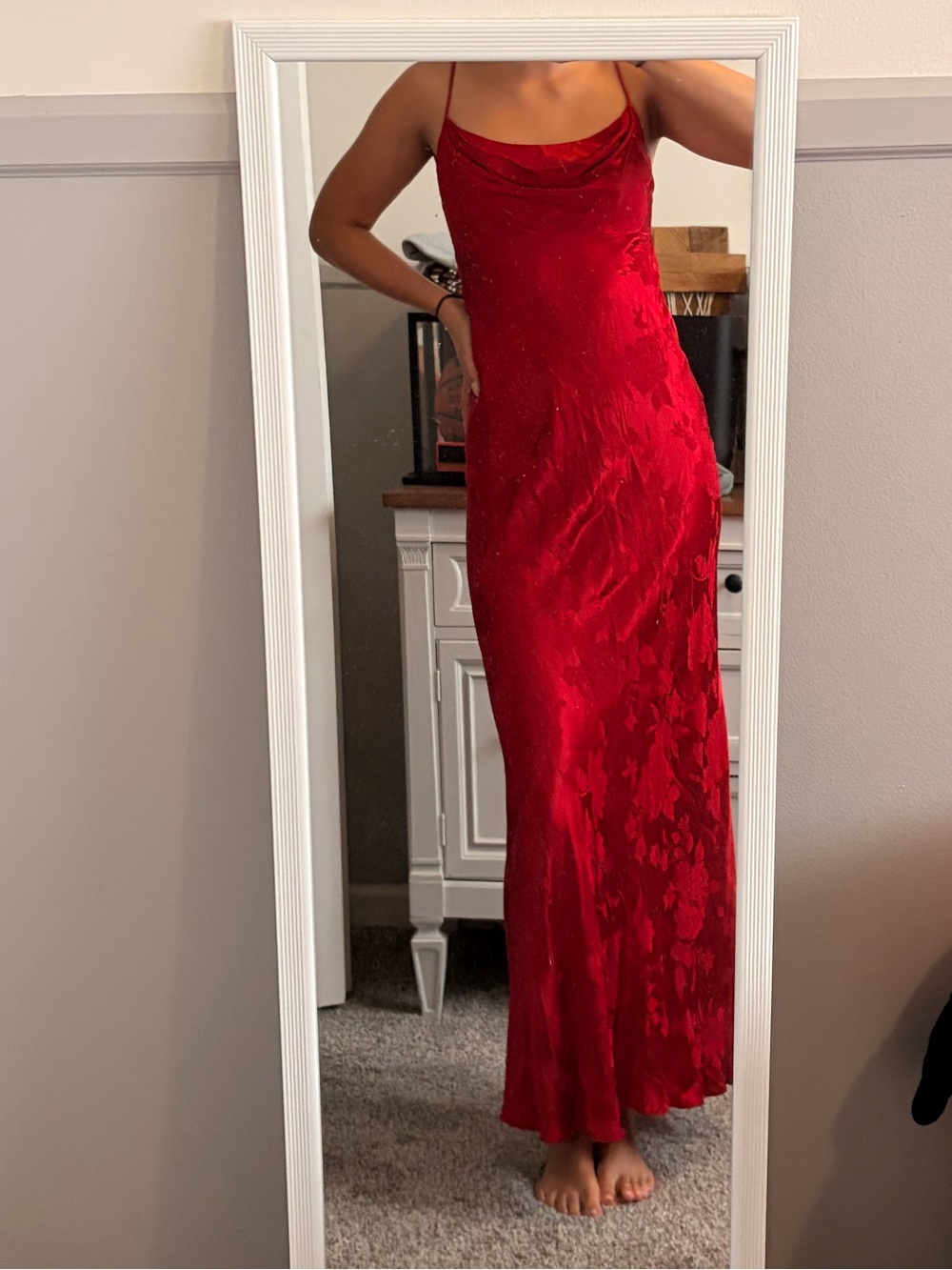 Vintage Red Floral Slip Maxi Dress - Women's Elegant Evening Gown
